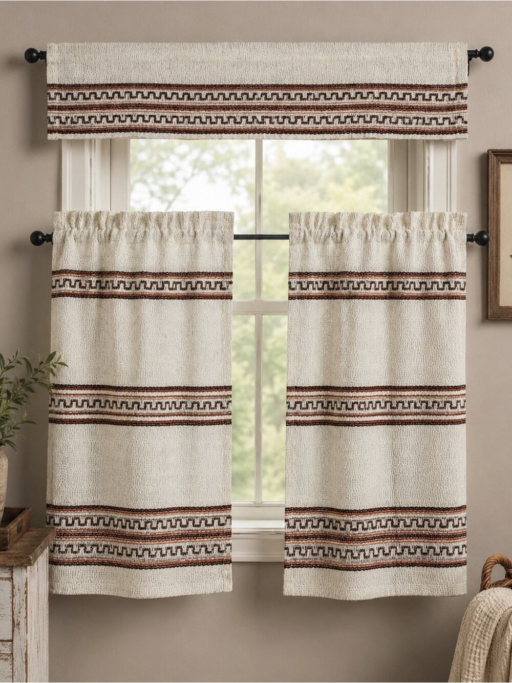 VTG 1970s Sears Woven Cafe Curtains With Valance 3 Pc Set White Brown Orange Tan